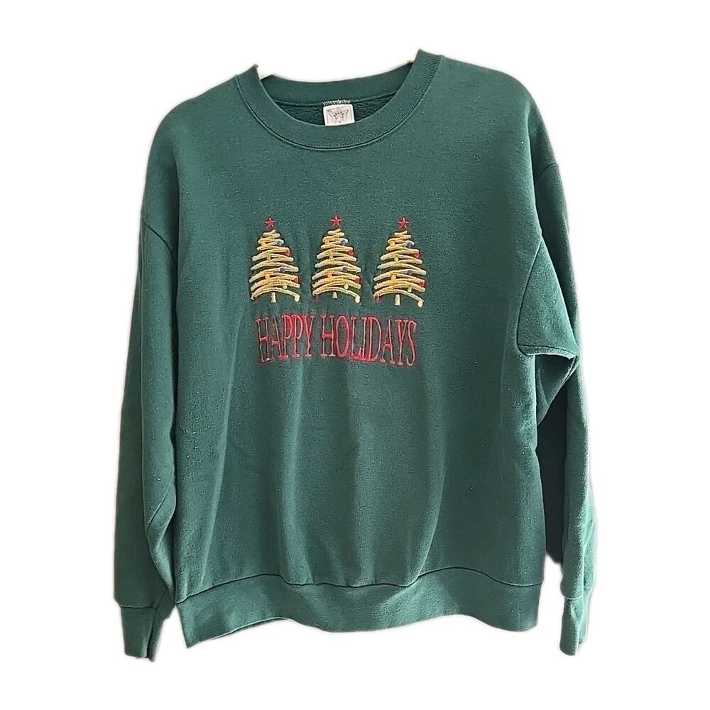 Vintage Green Happy Holidays Embroidered USA Pullover Sweatshirt Womans Size XL